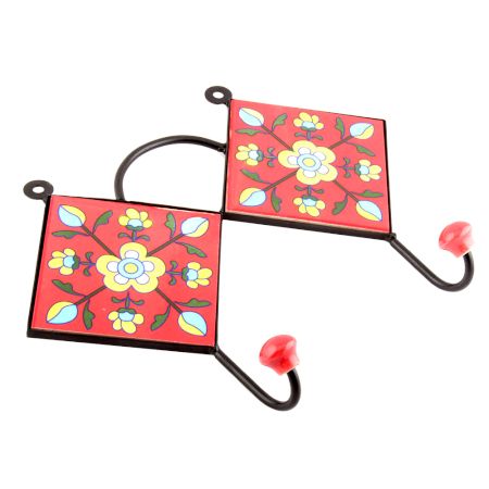 Red And Turquoise Floral Tiles Hooks